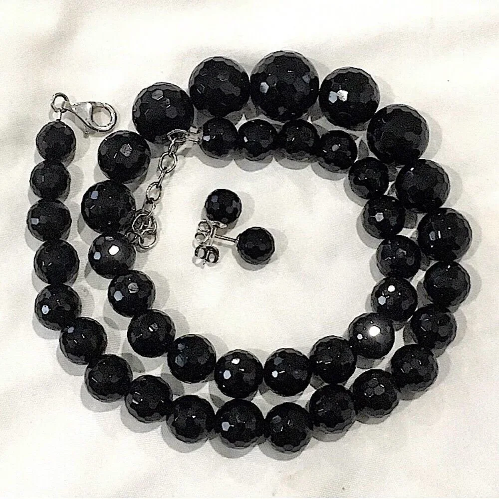 Vintage Black Onyx Faceted Necklace & Faceted Onyx Sterling Silver Earrings Set